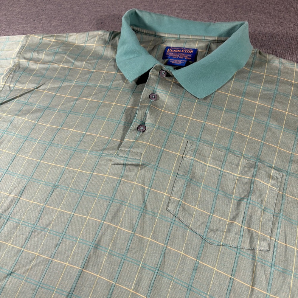 Pendleton Polo Shirt Mens XXL Green Plaid Mercerized Cotton‎ Short Sleeve Pocket